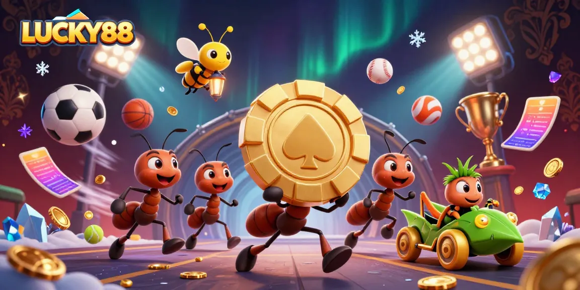 LUCKY88 illustration featuring a team of ants moving a giant poker chip in a vibrant 3D casino setting.
