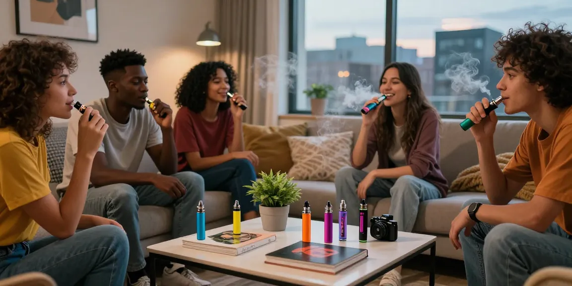 Friends enjoying thc vape pens in a stylish urban living room during sunset.