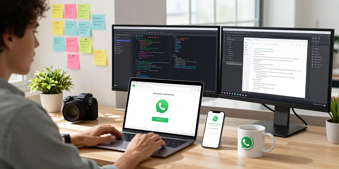 Downloading WhatsApp下載 on a modern workspace with tech gadgets and a user-friendly setup.