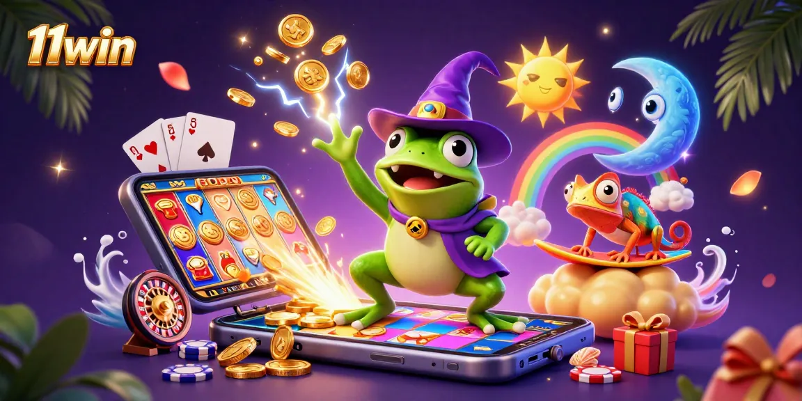 Join the fun at 11win with vibrant characters and exciting game features in a casino-themed scene.