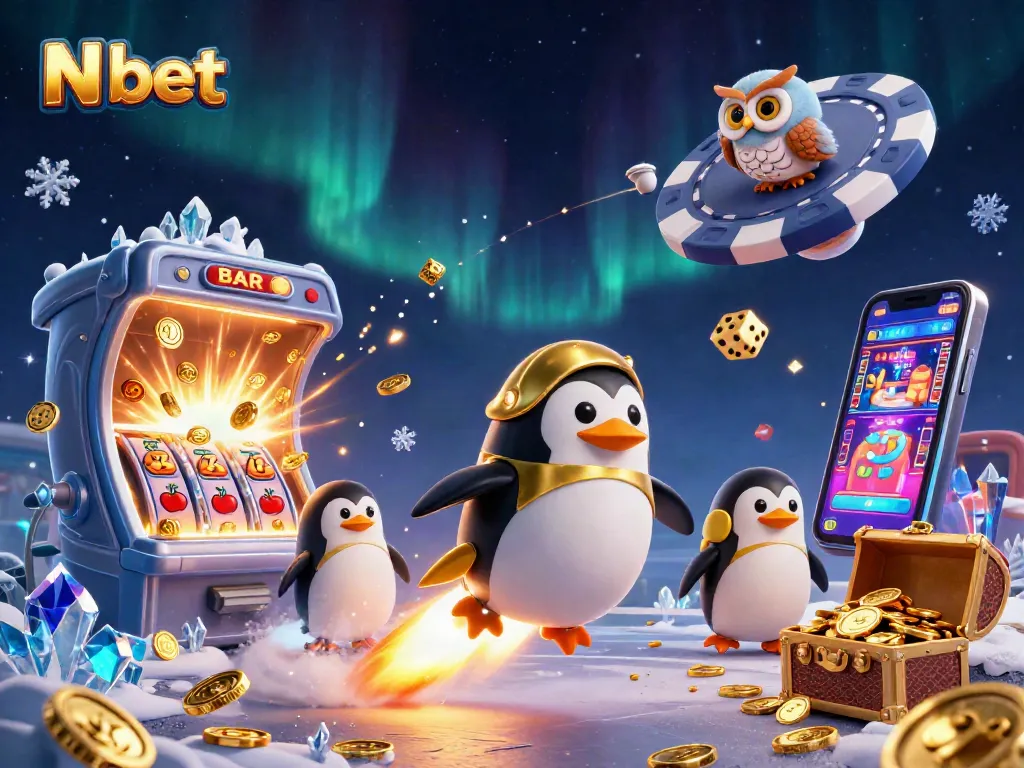 Experience N bet's thrilling atmosphere with a golden penguin blasting through cosmic slots filled with jackpots.