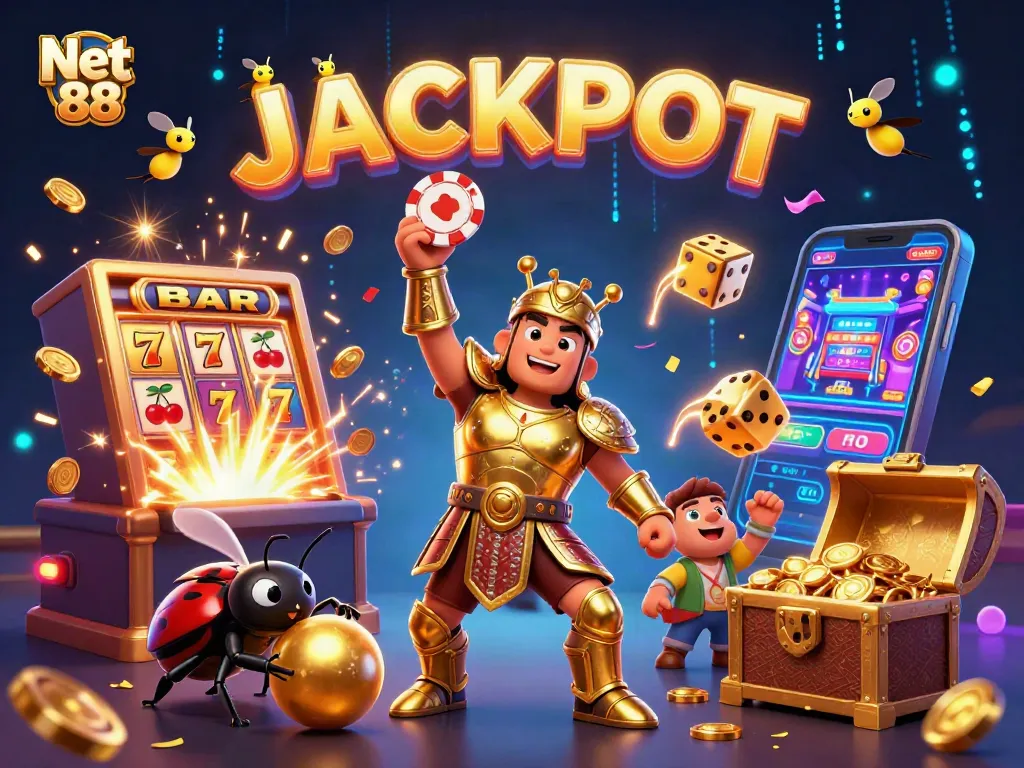 Net 88 showcases a victorious golden beetle championing a poker chip amid a vibrant casino scene.