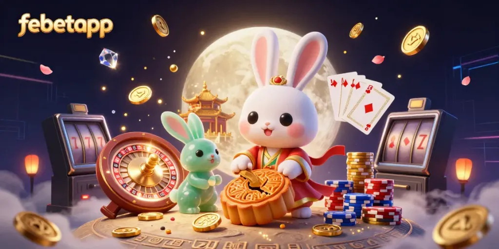 Experience febetapp's vibrant casino gaming world with a whimsical moon rabbit and glowing treasures.