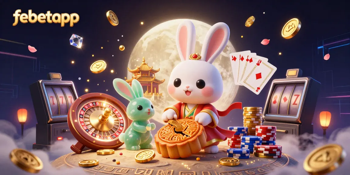 Experience febetapp's vibrant casino gaming world with a whimsical moon rabbit and glowing treasures.