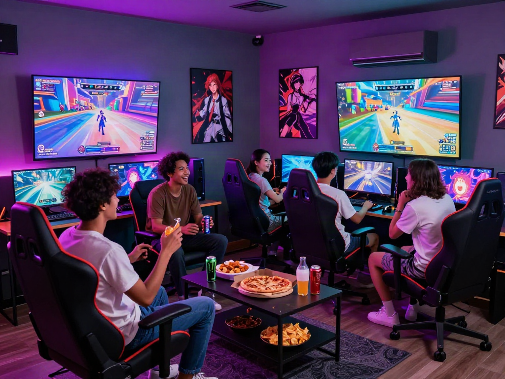 Friends enjoying a lively gaming session focused on a captivating hentai game with neon lights and snacks.