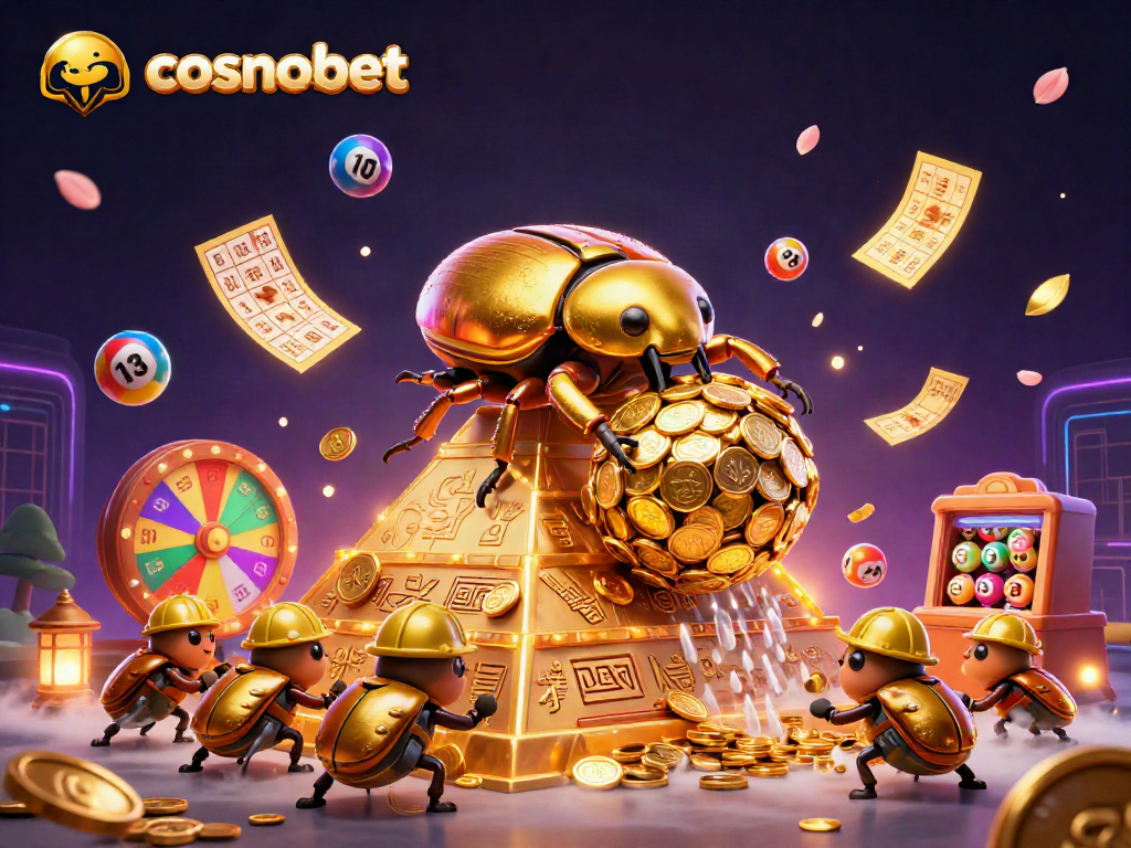 Experience cosmobet's vibrant casino world with a beetle guiding a treasure of golden coins.