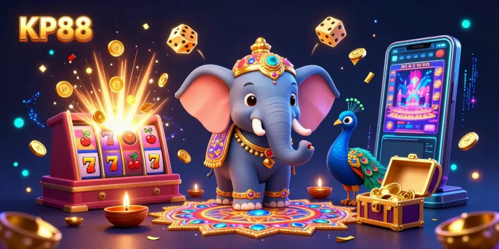 Experience thrilling wins at KP88 with a vibrant illustration of gambling excitement featuring an elephant, peacock, and slot machines.