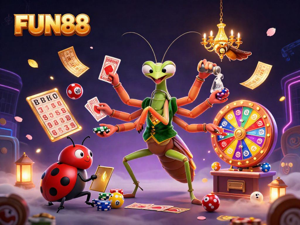 Join the excitement with FUN88 as the giant mantis deals cards and the ladybug oversees betting.