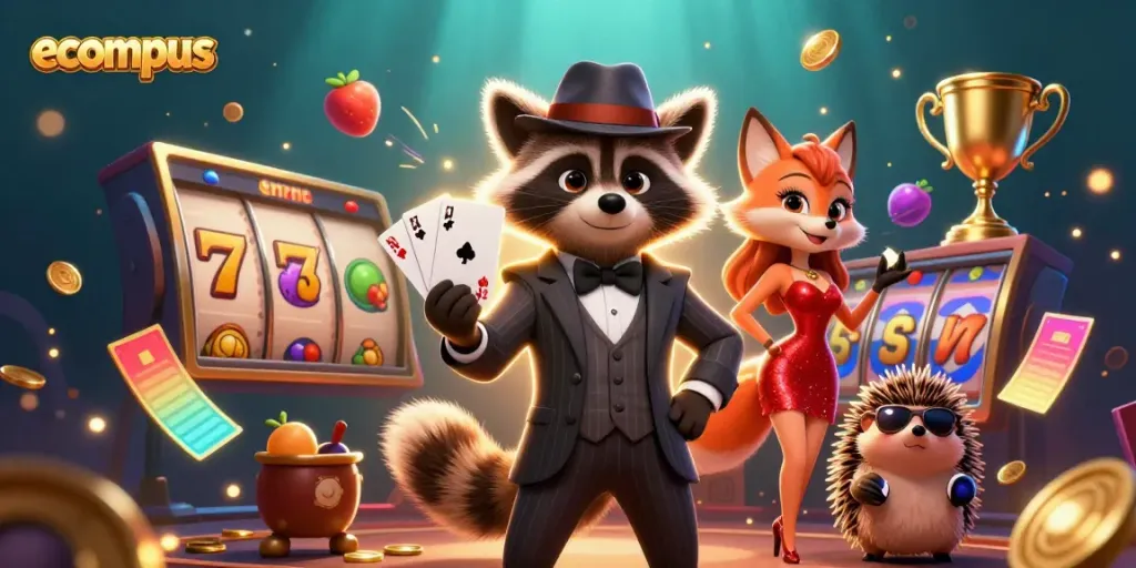 Experience winning strategies at ecompus with playful casino characters amidst vibrant slot elements.