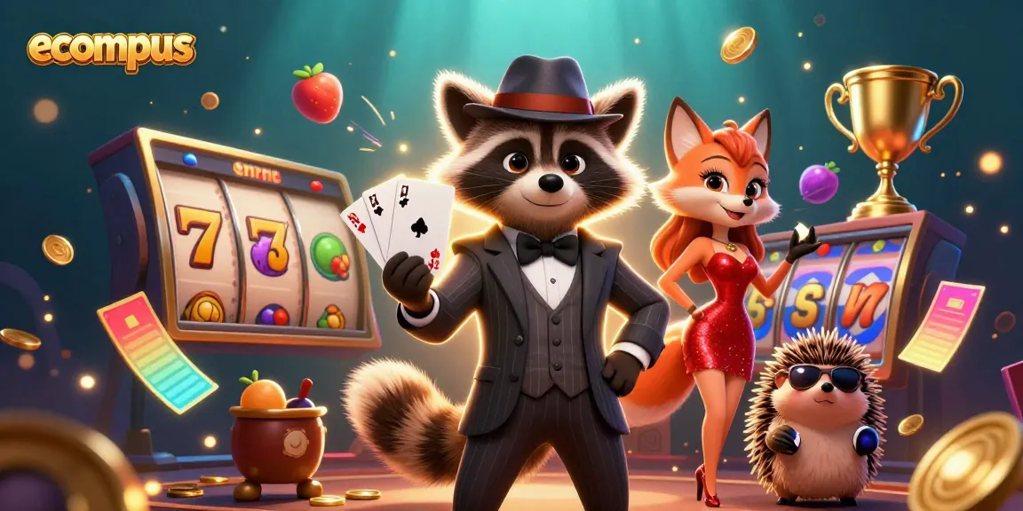 Experience winning strategies at ecompus with playful casino characters amidst vibrant slot elements.