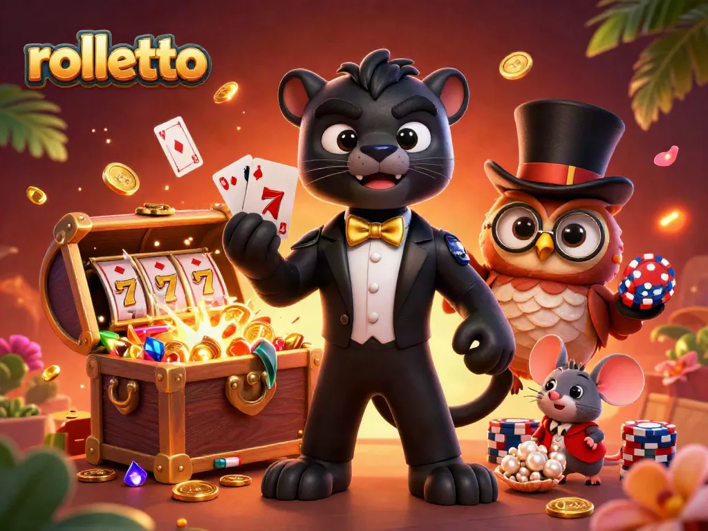 Engaging rolletto casino scene featuring a stylish black panther dealer, cute owl, and lucky mouse with vibrant game elements.
