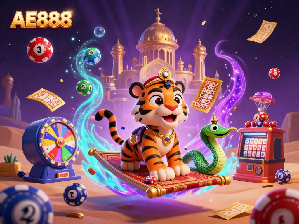 Play and win at AE888 with vibrant casino elements, including a flying tiger sultan and magic carpet.