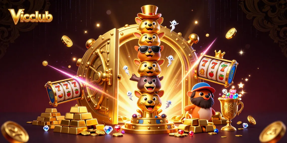 Vicclub showcases a vibrant casino scene with a totem pole and slot reels in dynamic action.