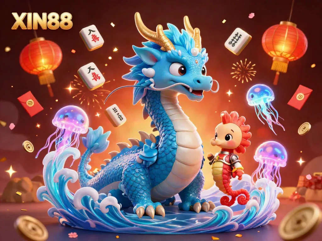 Engage with XIN88's vibrant casino experience through a 3D dragon, seahorse knight, and jellyfish.