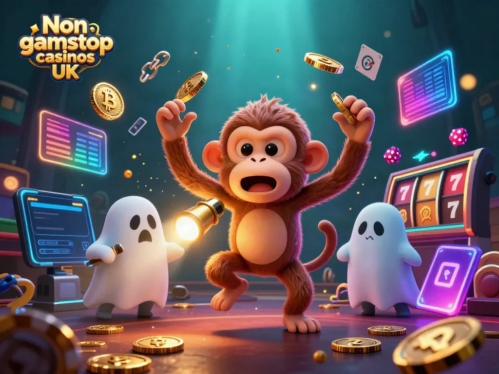 Engage with Non gamstop casinos UK featuring a playful poltergeist monkey juggling gold coins in a haunted casino.