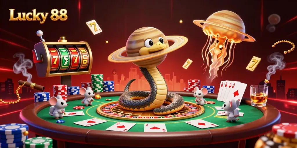 Experience the thrill of Lucky 88 with animated characters and vibrant casino elements in a cosmic theme.