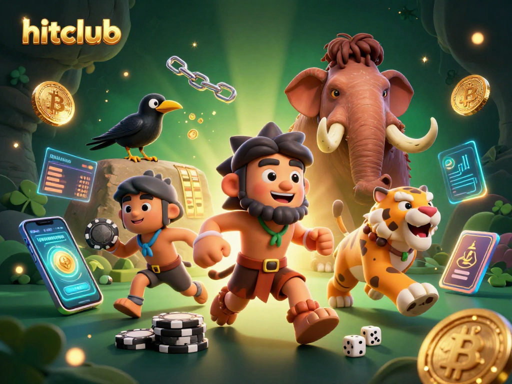 hitclub engages players with vibrant prehistoric casino illustration featuring crypto elements