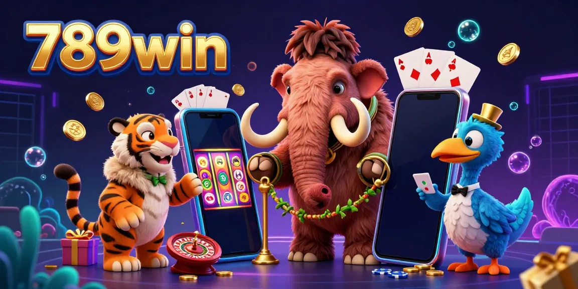 Experience the vibrant world of 789win with a lively casino scene featuring a woolly mammoth and saber-tooth tiger.