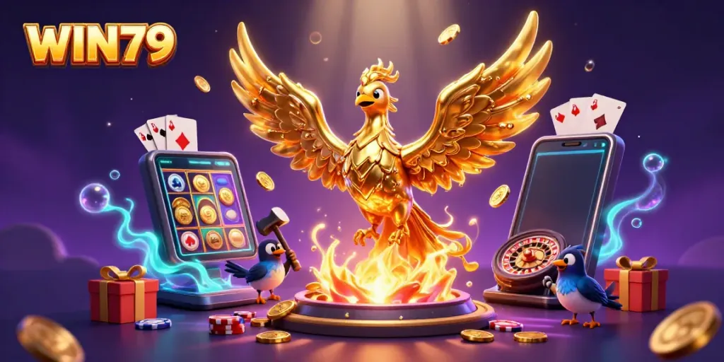 Generate winnings at WIN79 with a molten golden phoenix and vibrant casino elements.