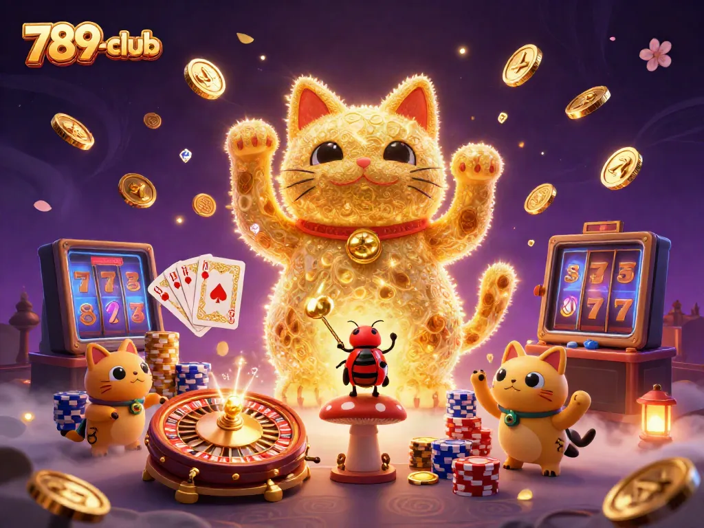 Experience thrills at 789-club with golden fireflies, lucky cat, and casino symbols in action.