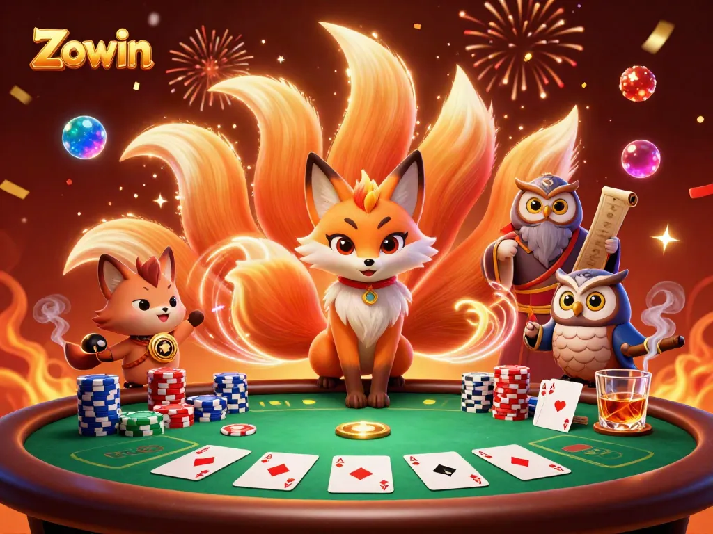 Zowin ignites excitement at a vibrant poker table with a glowing fox spirit, celebrating casino wins.