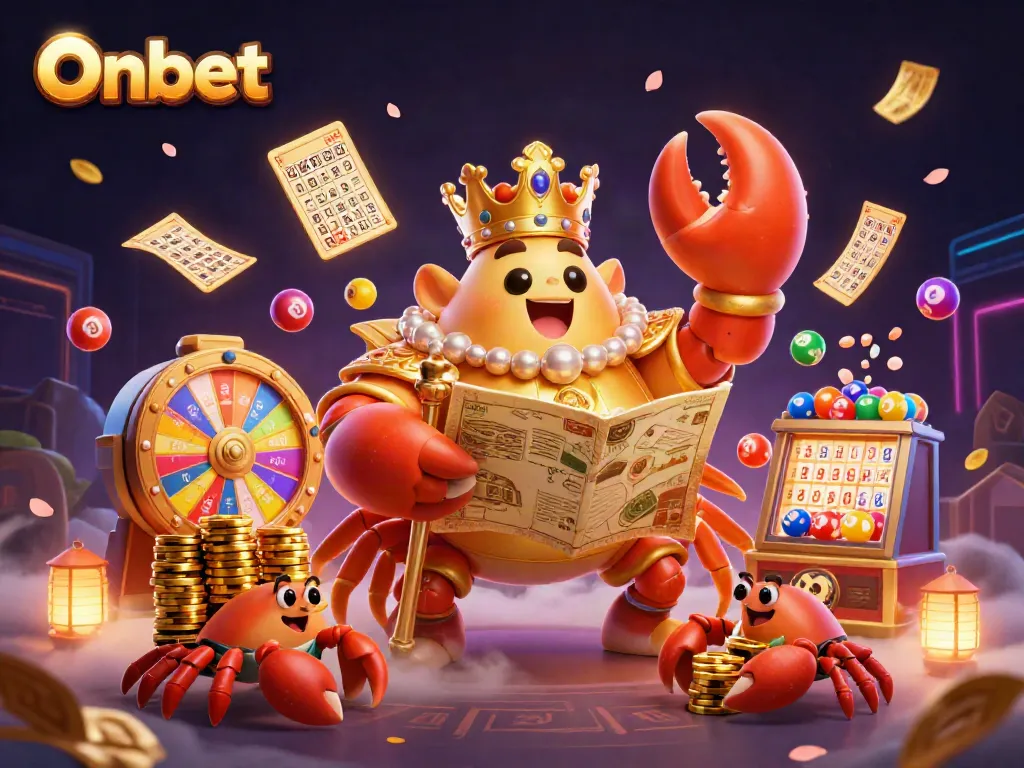Engage in thrilling Onbet gaming with a dynamic 3D illustration of a golden crab emperor and lottery elements.