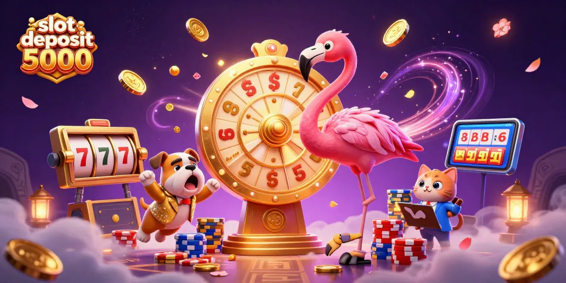Experience the excitement of slot deposit 5000 with a vibrant 3D illustration featuring a game show host and winning elements.