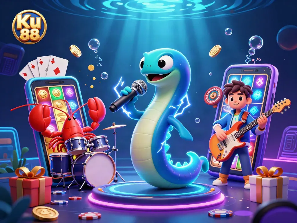 Engage with Ku 88's vibrant underwater casino scene featuring an electric eel DJ and immersive gaming elements.