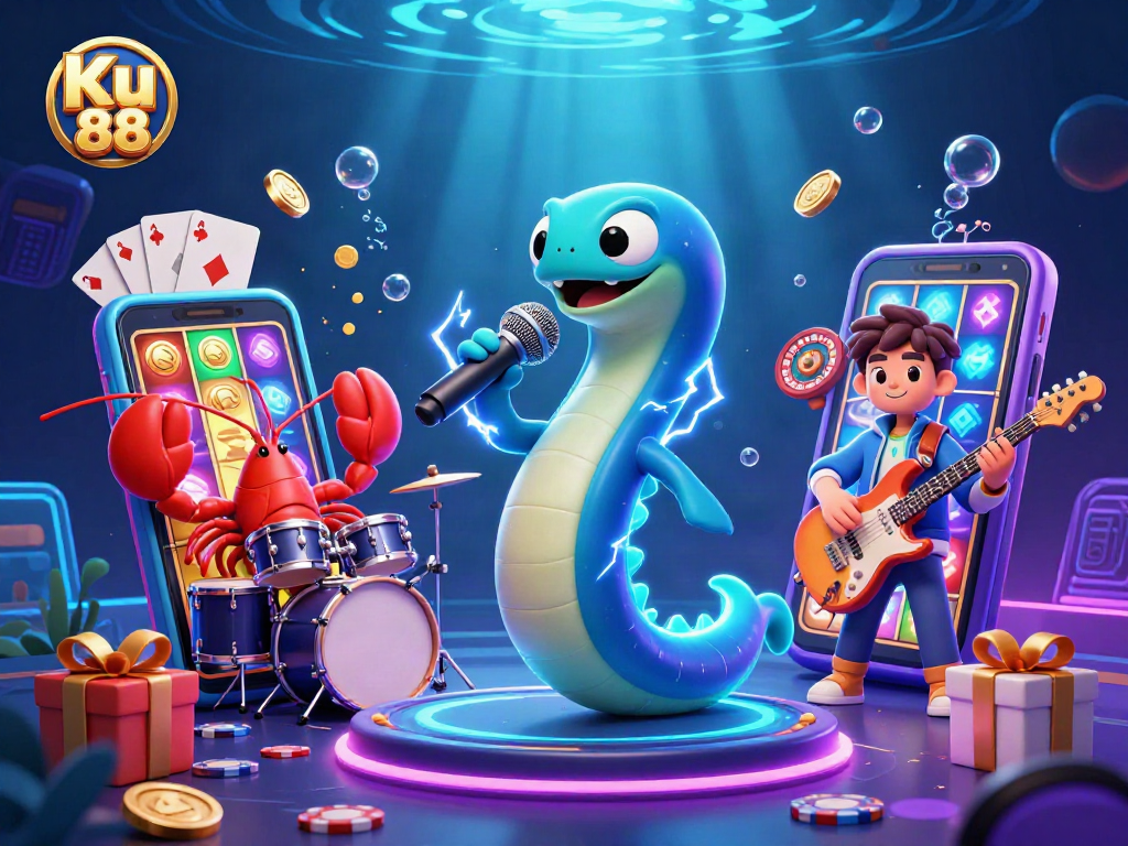 Engage with Ku 88's vibrant underwater casino scene featuring an electric eel DJ and immersive gaming elements.