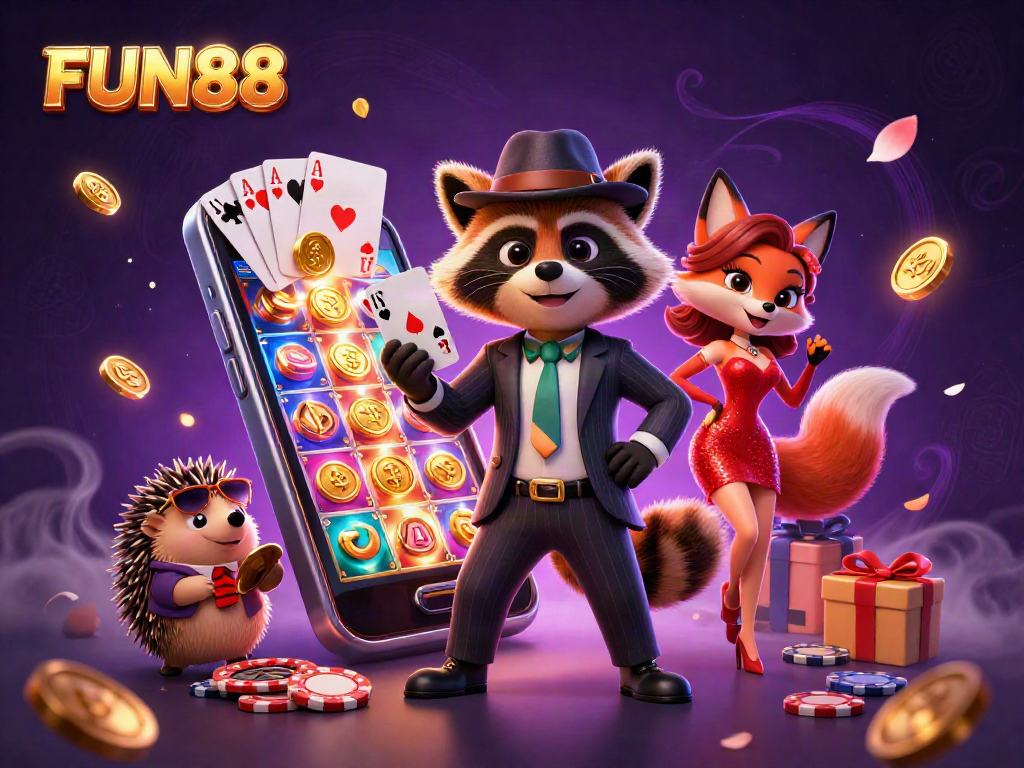 Experience FUN88's vibrant casino scene with a raccoon, fox, and hedgehog among thrilling gaming elements.