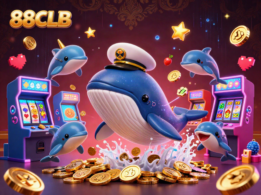 Playful scene showcasing 88CLB characters like a captain whale and dolphins amid vibrant casino elements, engaging players in a dynamic environment.