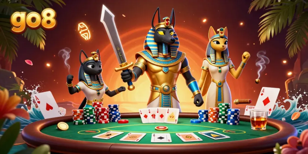 Experience the thrill of go8 gaming with Anubis and Bastet at a dynamic poker table.