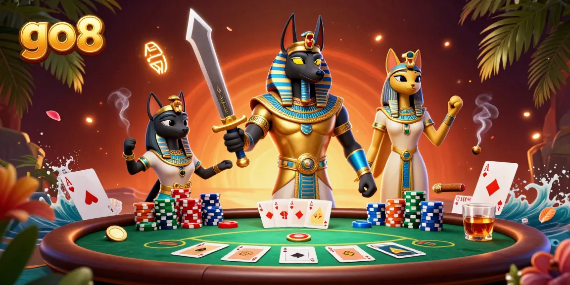 Experience the thrill of go8 gaming with Anubis and Bastet at a dynamic poker table.