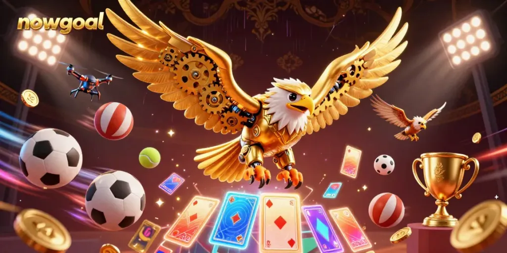Experience nowgoal with a dynamic 3D illustration of a cybernetic eagle amidst sports betting elements.