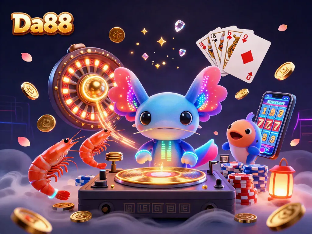Experience thrilling wins with Da88 at the colorful underwater casino featuring a DJ axolotl and shimmering games.