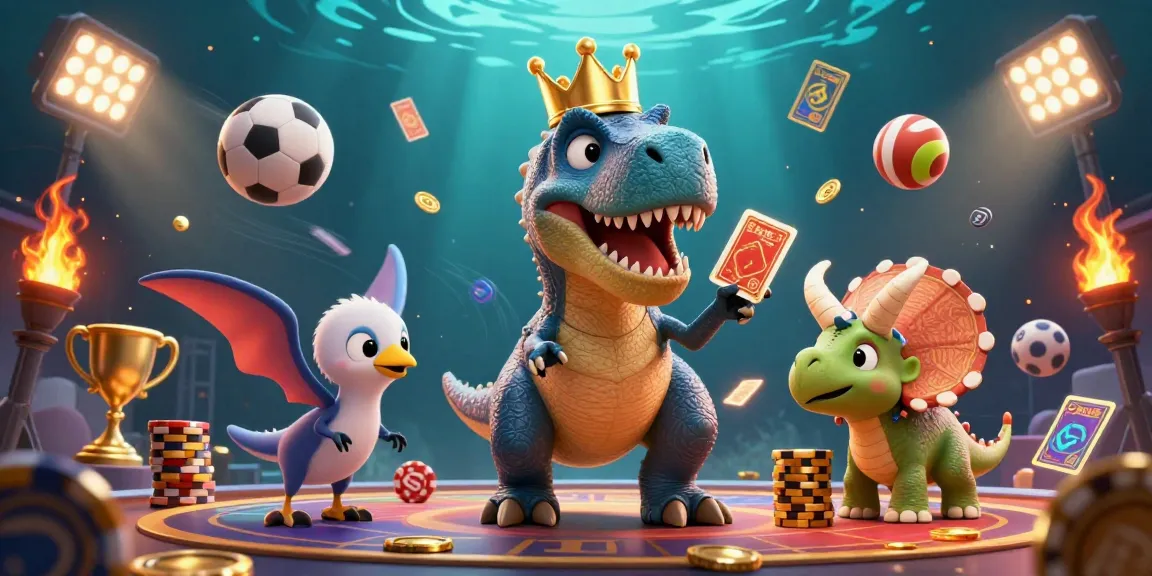 Experience the excitement of E39 with a cartoon scene of a T-Rex and friends gambling and stacking chips.