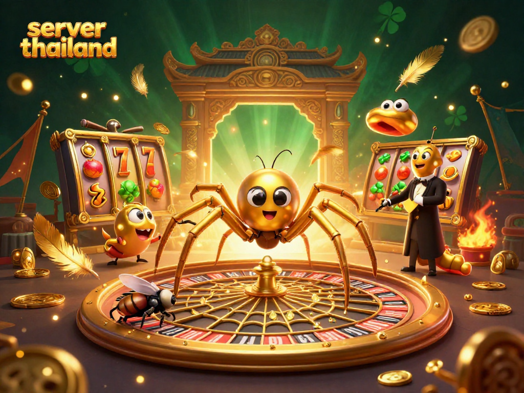 Engage with thrilling gameplay on server thailand, showcasing a golden spider spinning a roulette wheel surrounded by energetic gambling elements.