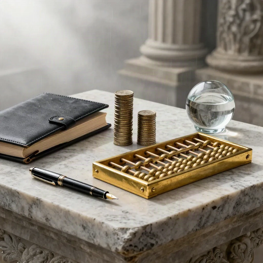 Brass abacus, coin towers, ledger folio and pen on limestone in soft morning haze.