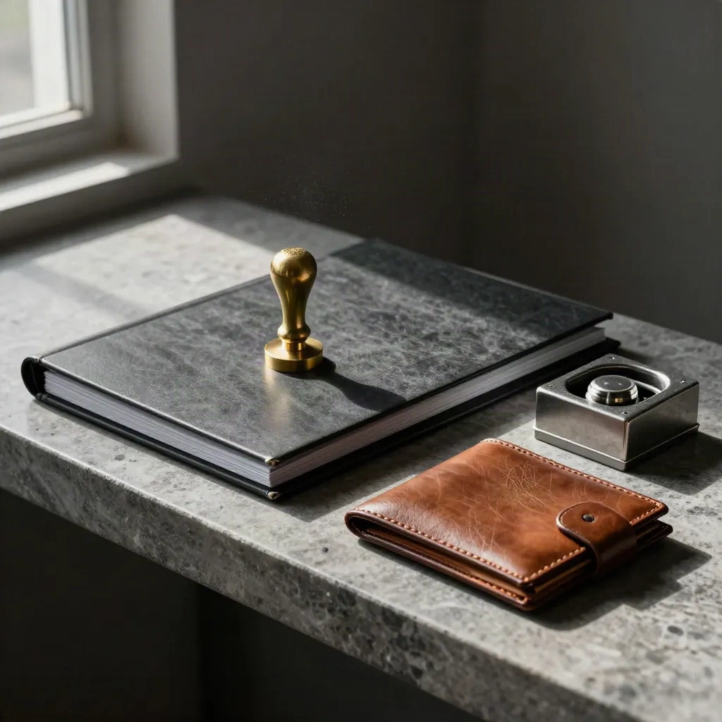 Brass seal stamp, archival folders, leather wallet and steel paperweight on a stone shelf