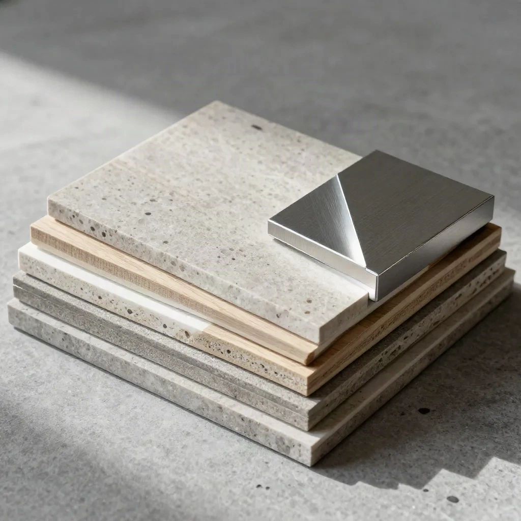 Architectural material samples fanned open on ash-grey stone with soft daylight and fine dust haze.