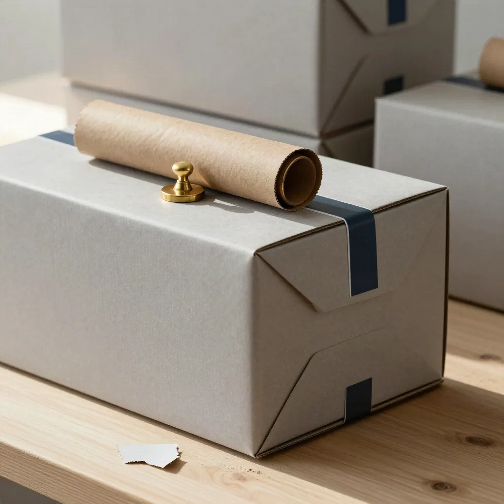 Parcel cartons, kraft sleeve and brass stamp on pale timber in soft warehouse light.