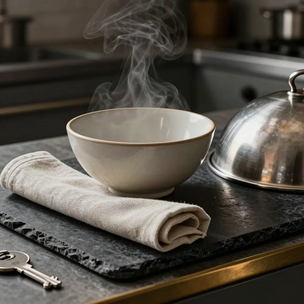 Fine-dining bowl, linen roll, and steel cover on dark stone with warm steam