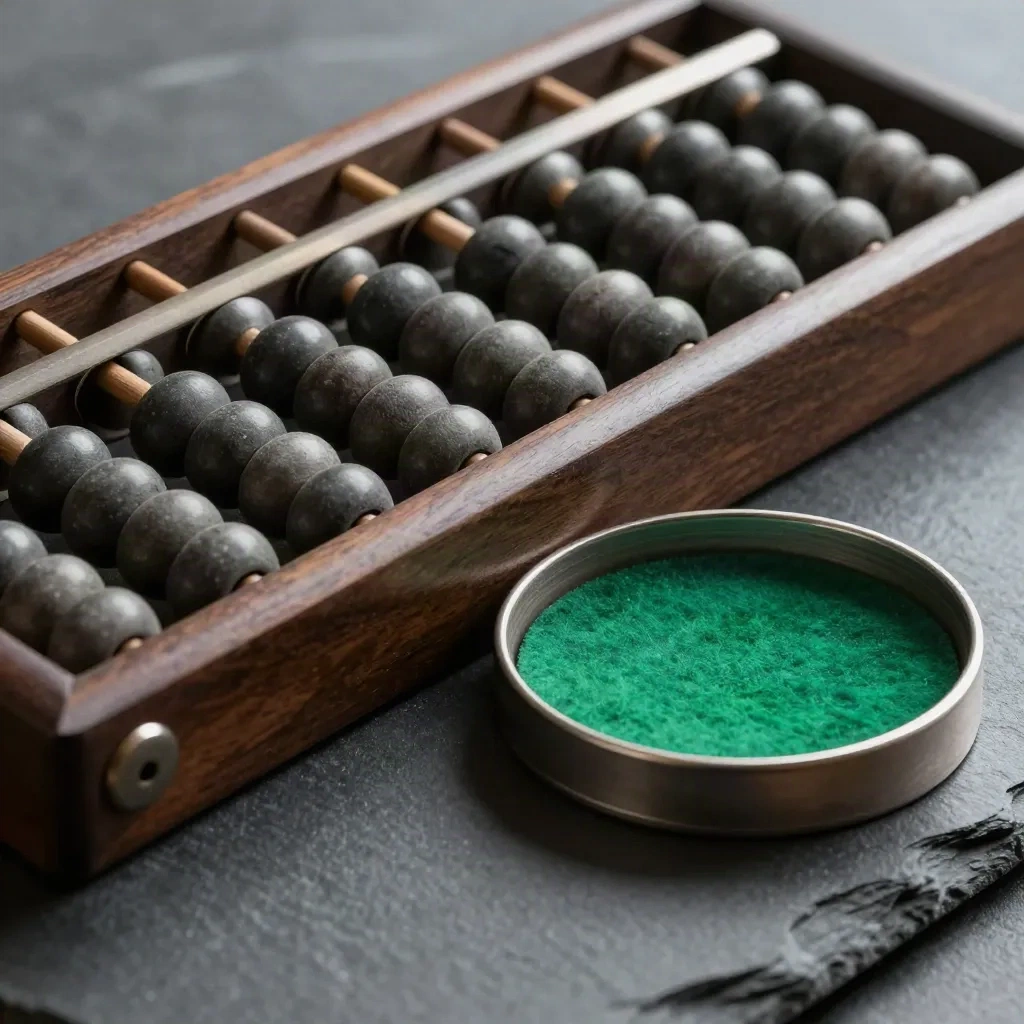 Dark abacus beads, coin tray and token dish on slate, side-lit macro with dust motes.