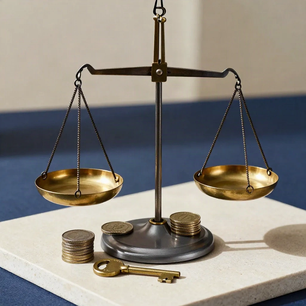 Balance scale, coin towers and house key on pale stone with soft daylight.