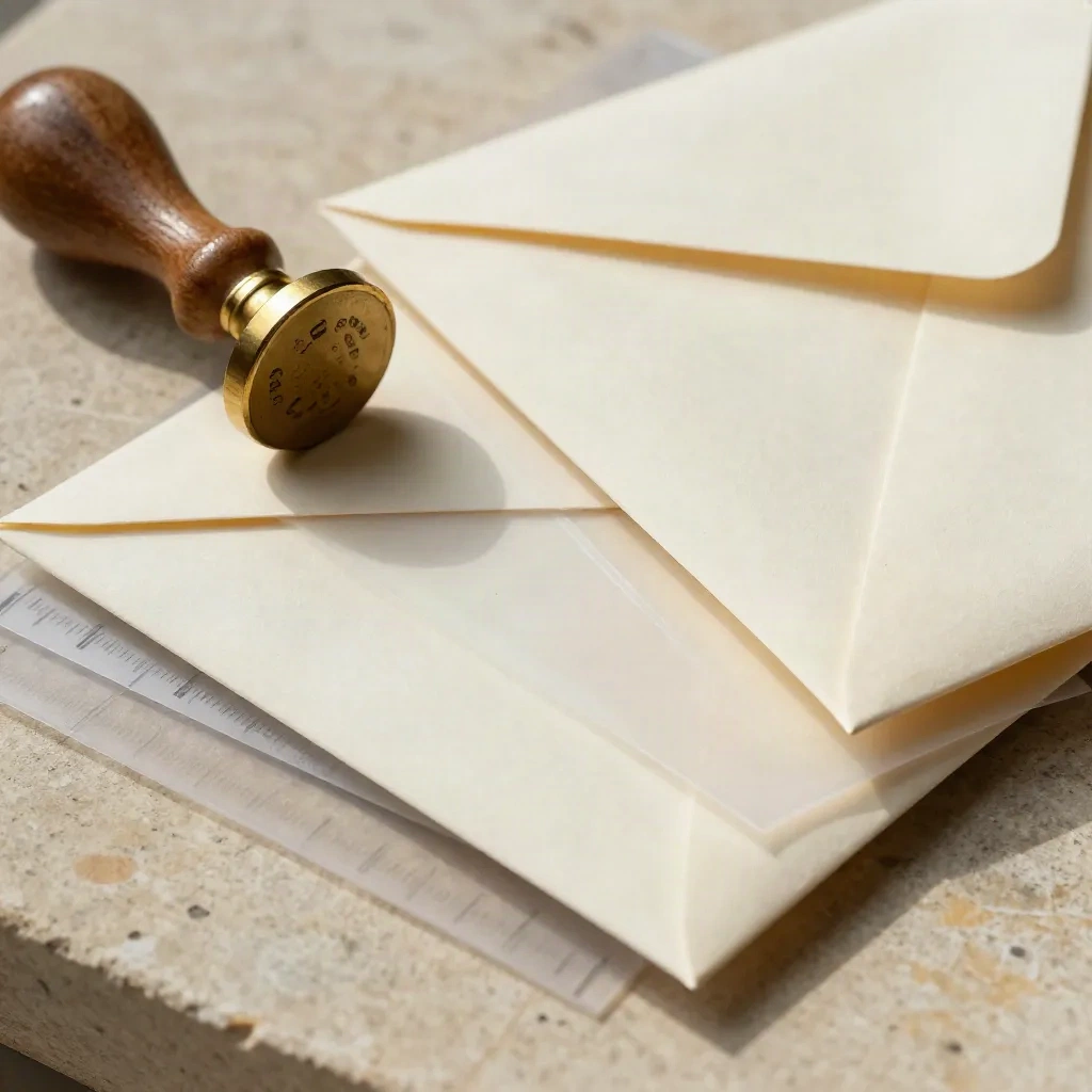 Brass stamp, sealed envelopes, and clipped file sleeves on pale stone