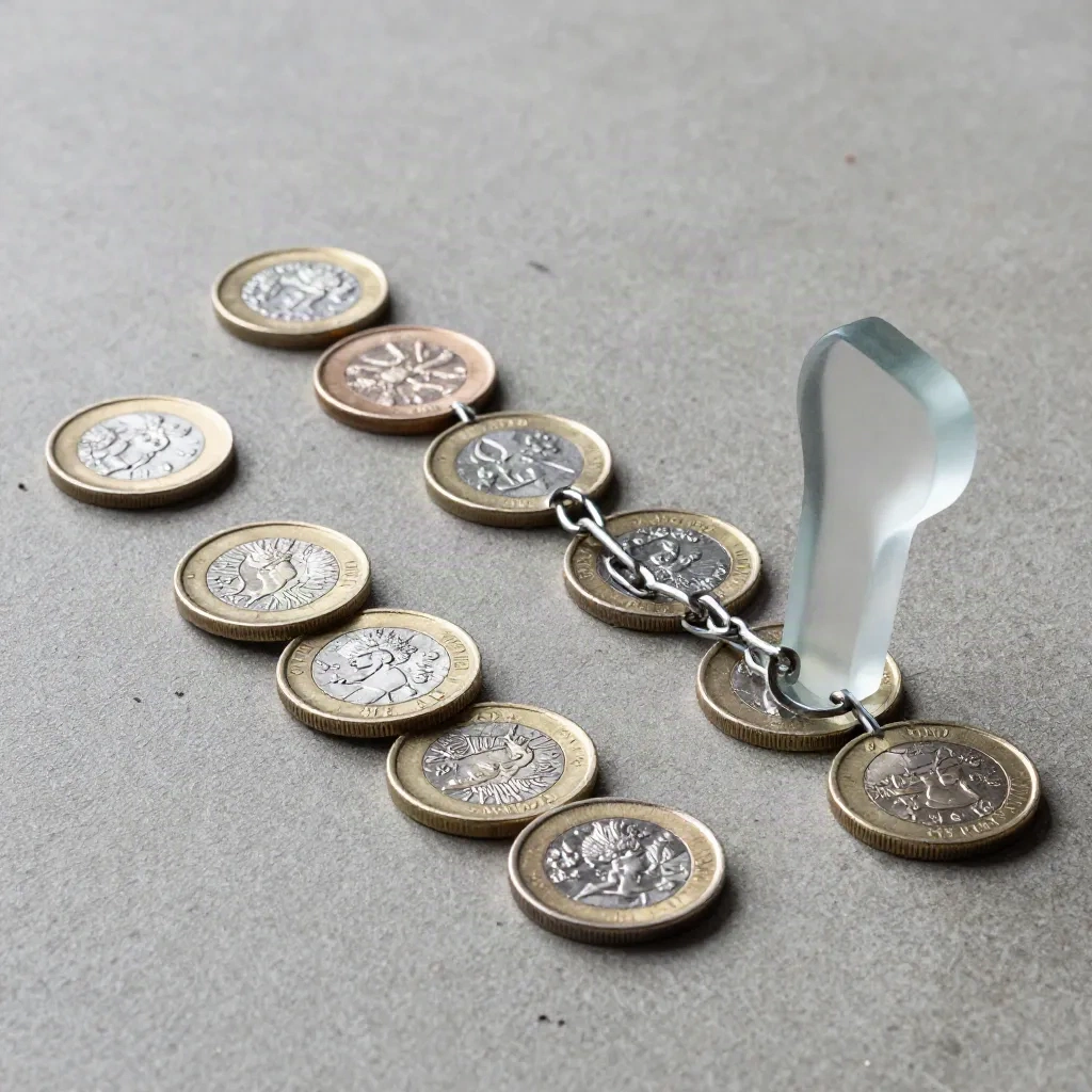 Diverging coin trails linked by a frosted glass marker on concrete, lit in a dramatic studio still life.
