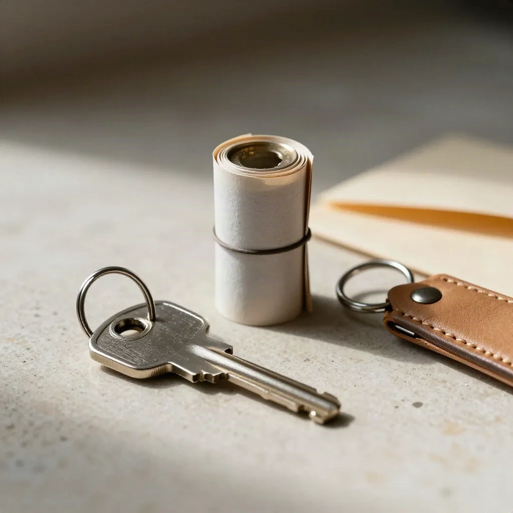 House key, coin roll, pension envelopes and leather fob on pale stone, seen through glass edge.