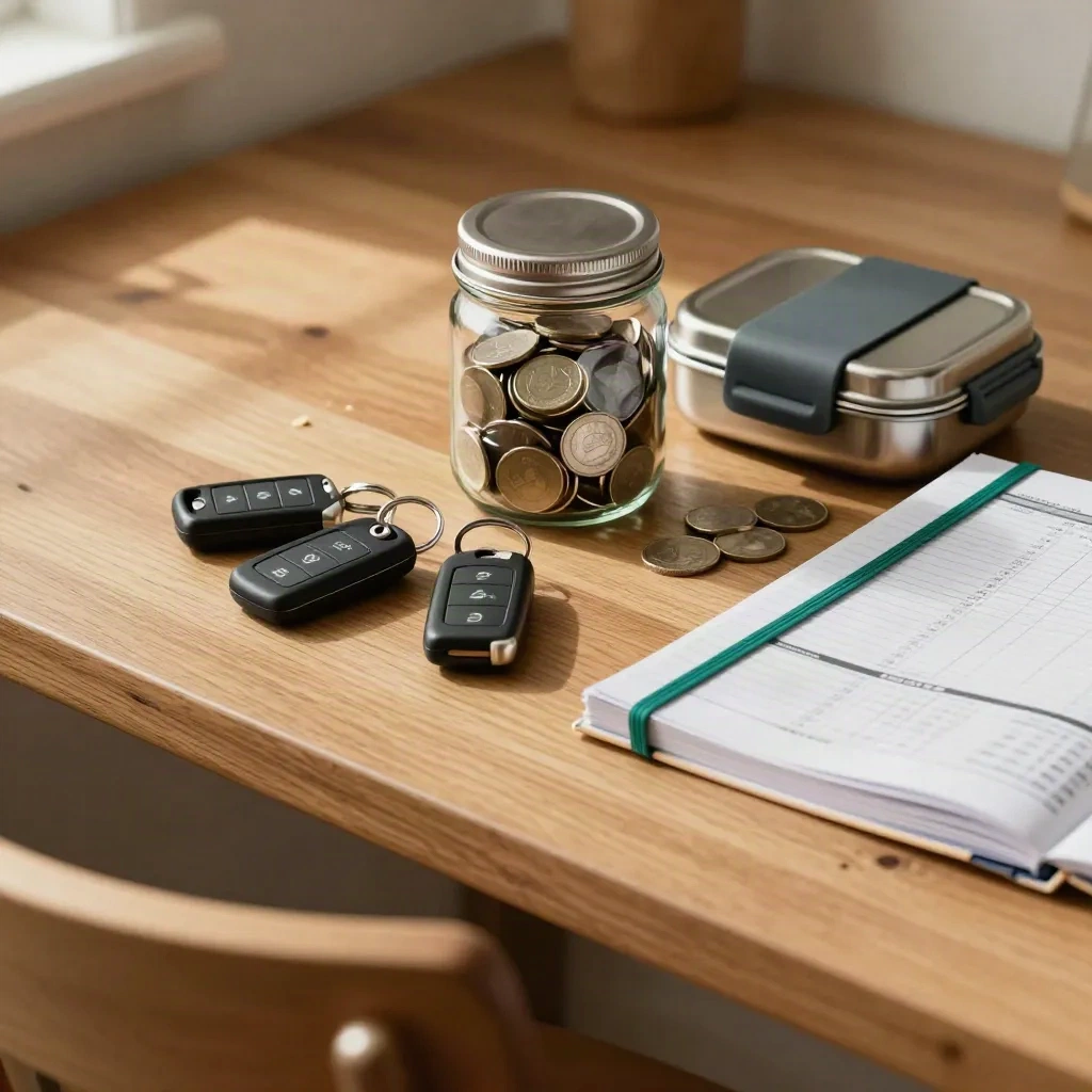 Kitchen-table finance still life with keys, coin jar, lunchbox latch and budget binder in soft daylight