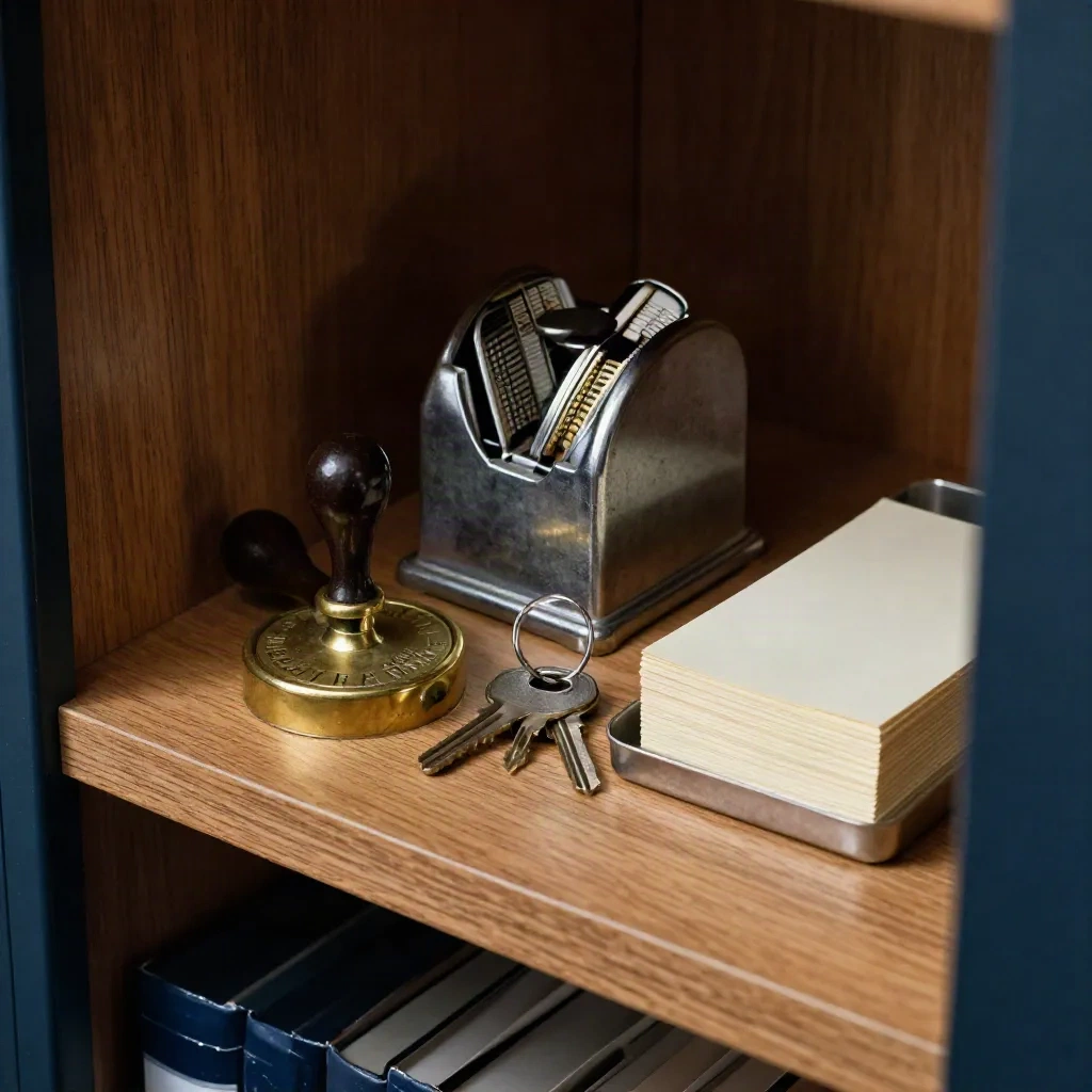 Brass seal, tally counter, keys, and blank cards on an oak shelf in dim office light.