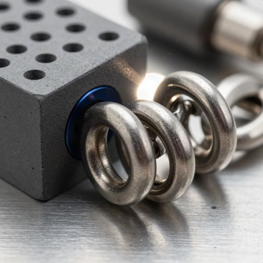 Macro of linked steel rings, graphite block, and machined connector on brushed metal.